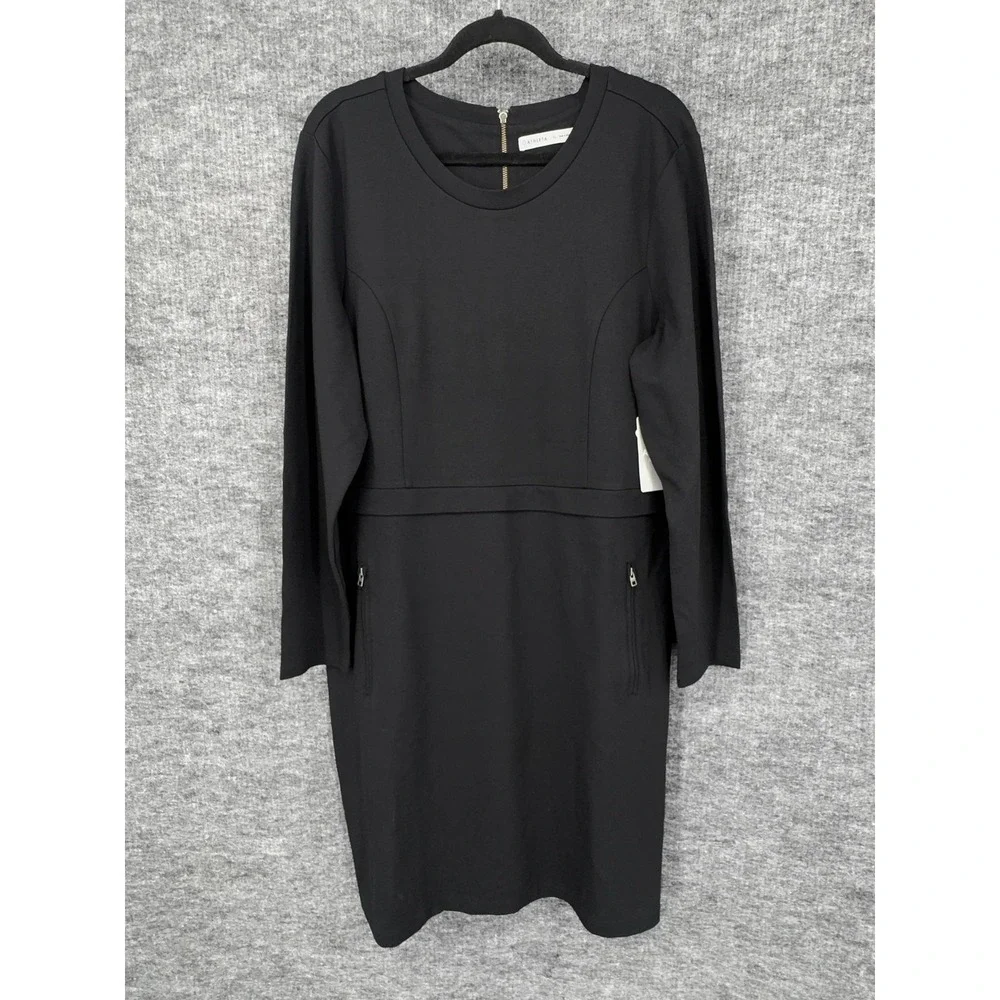 Athleta Ponte Wanderer Dress Womens XL Black Long Sleeve Sheath Zip Pockets